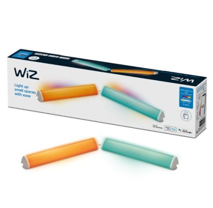 Wiz brand light-up rods in orange and teal shown outside their white box, designed to light small spaces; box features the product image and branding.
