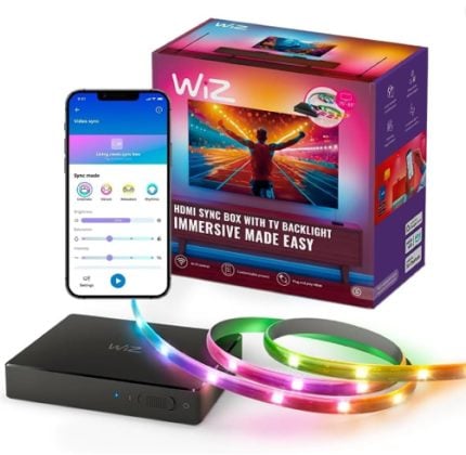 Wiz HDMI sync box with a color LED backlight strip and a TV, shown with a smartphone app screenshot and a colorful box in the background.