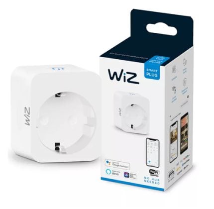 White WiZ smart plug (compact cube design) shown beside its packaging box with product image on the front, no hub needed.