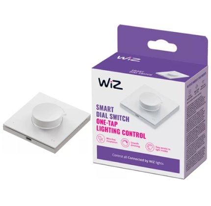 WiZ smart dial switch for one-touch lighting control, round knob on square plate beside its purple-box packaging.