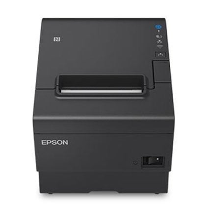 Compact Epson receipt printer with a top paper exit slot and front power inlet visible