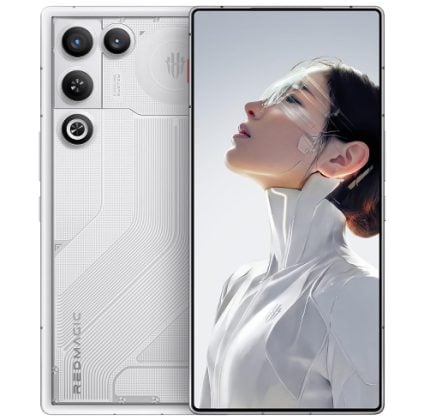 White smartphone with a multi-camera rear system and a nearly edge-to-edge display showing a woman in a futuristic outfit on screen; sleek tech device overall.