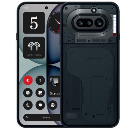 Front and back view of a modern smartphone; front displays app icons, back shows the exposed internal chassis and dual-camera module.