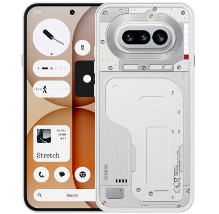 Phone with back cover removed, showing internal components and triple-camera module on the chassis side.