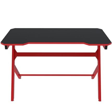 Red steel-framed desk with a black rectangular tabletop and angular edge corners, likely a gaming or workstation desk.