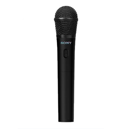Sony wireless handheld microphone with black body and metal mesh grille on white background