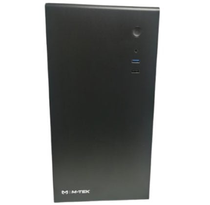 Front view of a tall black computer tower with USB ports and the M-TEK logo at the bottom left.