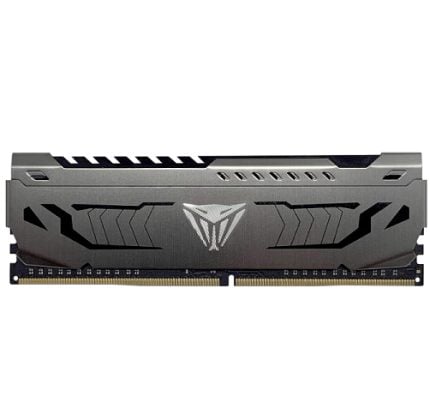 High-performance RAM stick with a metallic heatsink and black angular design.