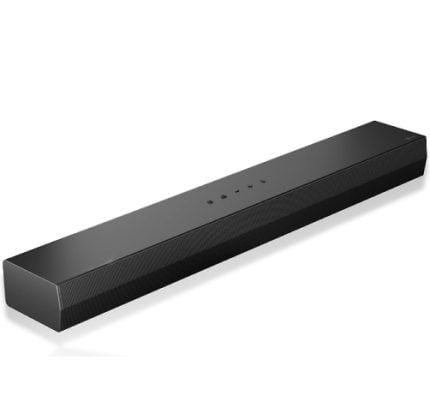 Black rectangular soundbar speaker with control buttons on top, set against a white background.