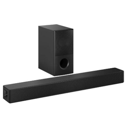 Black bar-shaped soundbar with a separate tall subwoofer, part of a home theater speaker system.