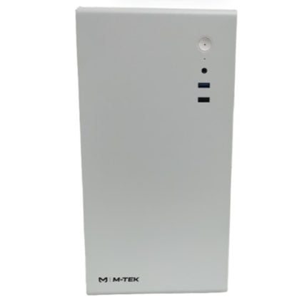 White vertical desktop computer case with front-panel ports: power button, audio jack, two USB 3.0 ports (blue) and two USB-A ports; M-TEK logo at bottom-left