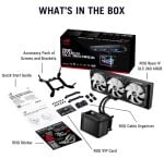 Infographic showing contents of the ROG Ryuo cooling kit: box, three‑fan radiator, CPU block, accessory pack with screws/brackets, quick‑start guide, ROG stickers, VIP card, and cable organizer.