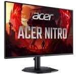 Acer Nitro gaming monitor on a stand displaying a fiery fantasy game scene with a dragon silhouette on screen
