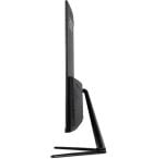 Side view of a slim computer monitor mounted on a curved V-shaped stand, shown from the side.