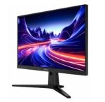 LED computer monitor on a black stand displaying a vivid abstract blue and purple wallpaper with neon light trails.