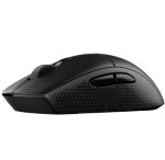 Left-side view of a black ergonomic computer mouse with textured grip and two side buttons.