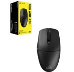 Black Corsair M65 Wireless gaming mouse with its yellow-and-black packaging box nearby.