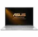 Silver ASUS laptop open on a white background, screen displaying gold 'ASUS Producto Oficial' branding.