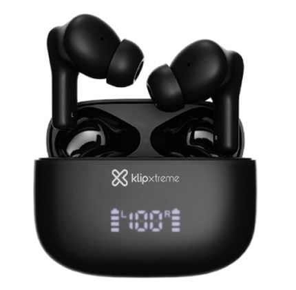 Black Klipxtreme wireless earbuds in an open charging case with a 100% battery readout on the front display