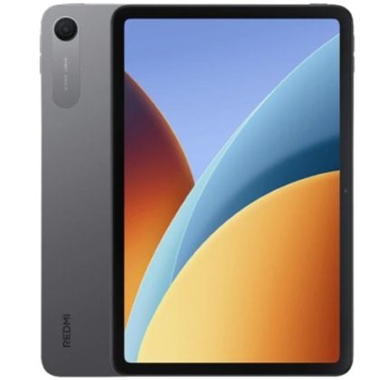 Gray tablet shown from both sides: rear camera in the top-left and a large edge-to-edge screen displaying blue/orange wallpaper on the front.