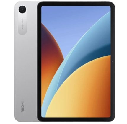 Front and back view of a silver Redmi tablet, with a large display and a rear camera in the top-left corner.