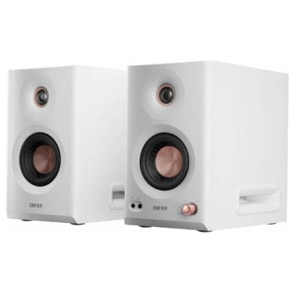 Pair of white desktop speakers with copper woofer cones, front-facing drivers, branding 'EDIFIER' visible on the front, one speaker showing a round control knob.