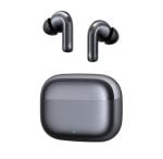 Black true-wireless earbuds with a gray charging case and a small green LED on the case's front