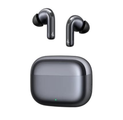 Black true-wireless earbuds with a gray charging case and a small green LED on the case's front