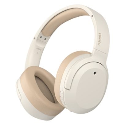 White over-ear headphones with beige cushions, shown at an angle. Subtle brand on headband visible.