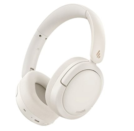 White over-ear headphones with padded ear cushions, angled view.