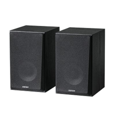 Pair of black bookshelf speakers facing forward on a white background.