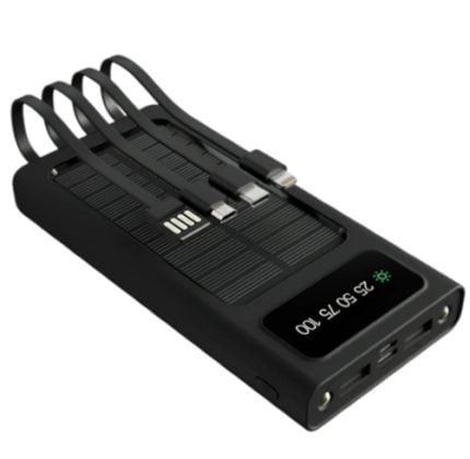 A black USB power meter with three short cables plugged into it and a display showing charging percentages (25/50/75/100).