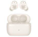 White wireless earbuds with a matching open charging case, showing the two ear tips and inner cavities.