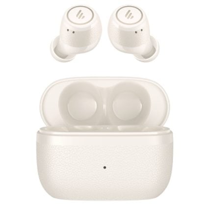 White wireless earbuds with a matching open charging case, showing the two ear tips and inner cavities.