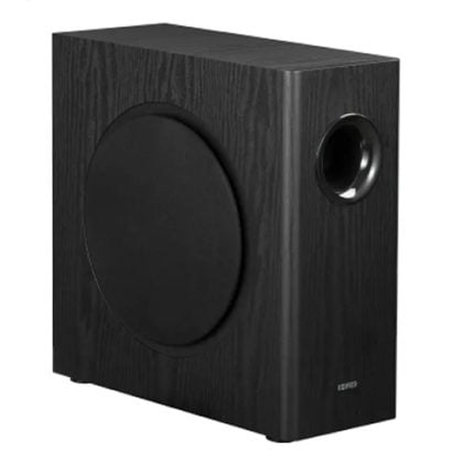 Black subwoofer with a large circular driver on the front left and a small port on the right, featuring a dark wood-grain finish.