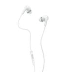 White wired in-ear headphones with an inline control module on the cord
