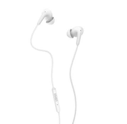 White wired in-ear headphones with an inline control module on the cord