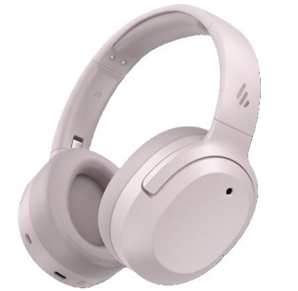 Pale pink over-ear wireless headphones with cushioned ear cups and an adjustable headband.