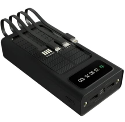 A multi-port USB charging station with four cables plugged in and a small display showing charging status, viewed from an angled top corner image.