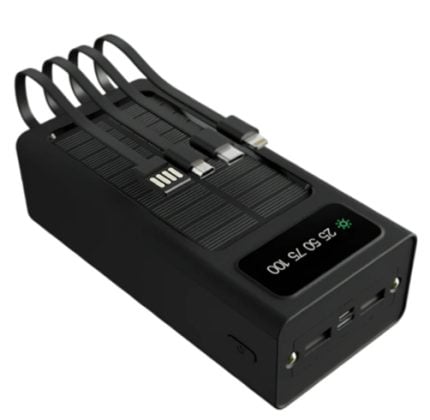 Four-port USB charging hub with attached cables (Lightning, USB-C, micro-USB) and a digital display showing charging status/voltage readout, black rectangular block