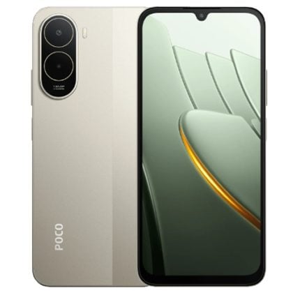 Gold Poco smartphone shown from back and front: vertical triple-camera array with flash on the rear, and an edge-to-edge display with a small notch at the top.