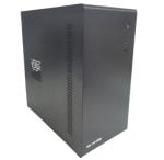 Black mid-tower desktop computer case with front USB ports and power button, viewed from an angled side.