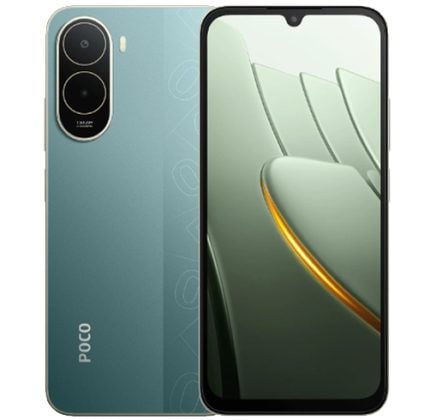 Blue POCO smartphone shown from back and front, featuring a dual-camera module and edge-to-edge display with POCO branding on the back.