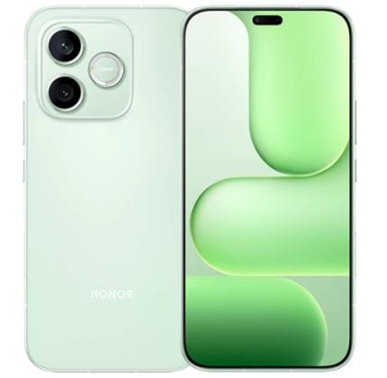 Mint green Honor smartphone shown from back and front, highlighting the dual-camera rear module and edge-to-edge display with a pill-shaped cutout on the screen edge.