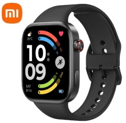 Mi smartwatch with square display showing colorful activity rings and black band, brand logo top-left.