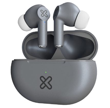 Gray wireless earbuds resting in an open charging case with a small green indicator light visible on the case