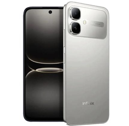 Front and back views of a silver Infinix smartphone, showing a punch‑hole front camera and a dual-camera module on the back, with the brand name visible on the rear.