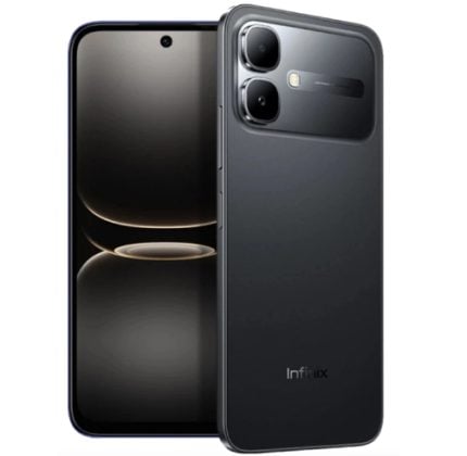 Front and back view of a dark smartphone with a dual-camera rear module and slim display, showing a punch-hole front camera.