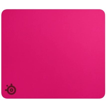Pink gradient square with rounded corners, featuring a small SteelSeries logo in the bottom-left corner; resembles a gaming mouse pad.