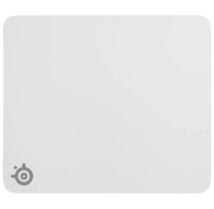 White mouse pad with rounded corners and a small SteelSeries logo in the bottom-left corner